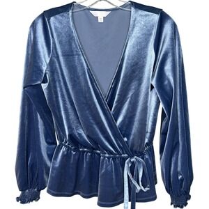 LC Lauren Conrad Womens XS Blue Velvet Long‎ Sleeve Wrap Peplum Top